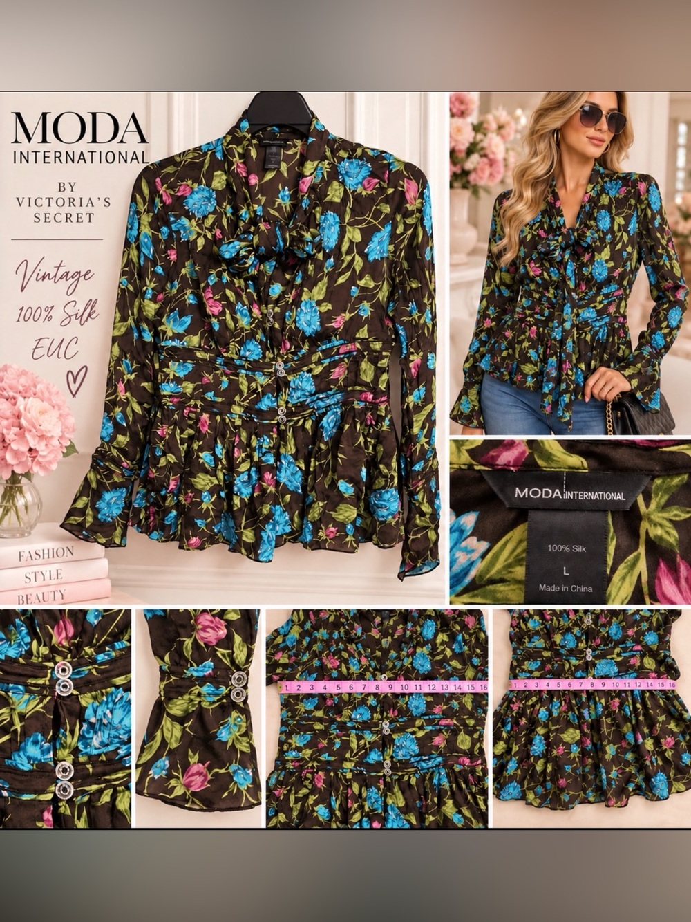 Sz L MODA International 💯 Silk Brown Floral Tie-Neck Blouse Blue & Pink Flower